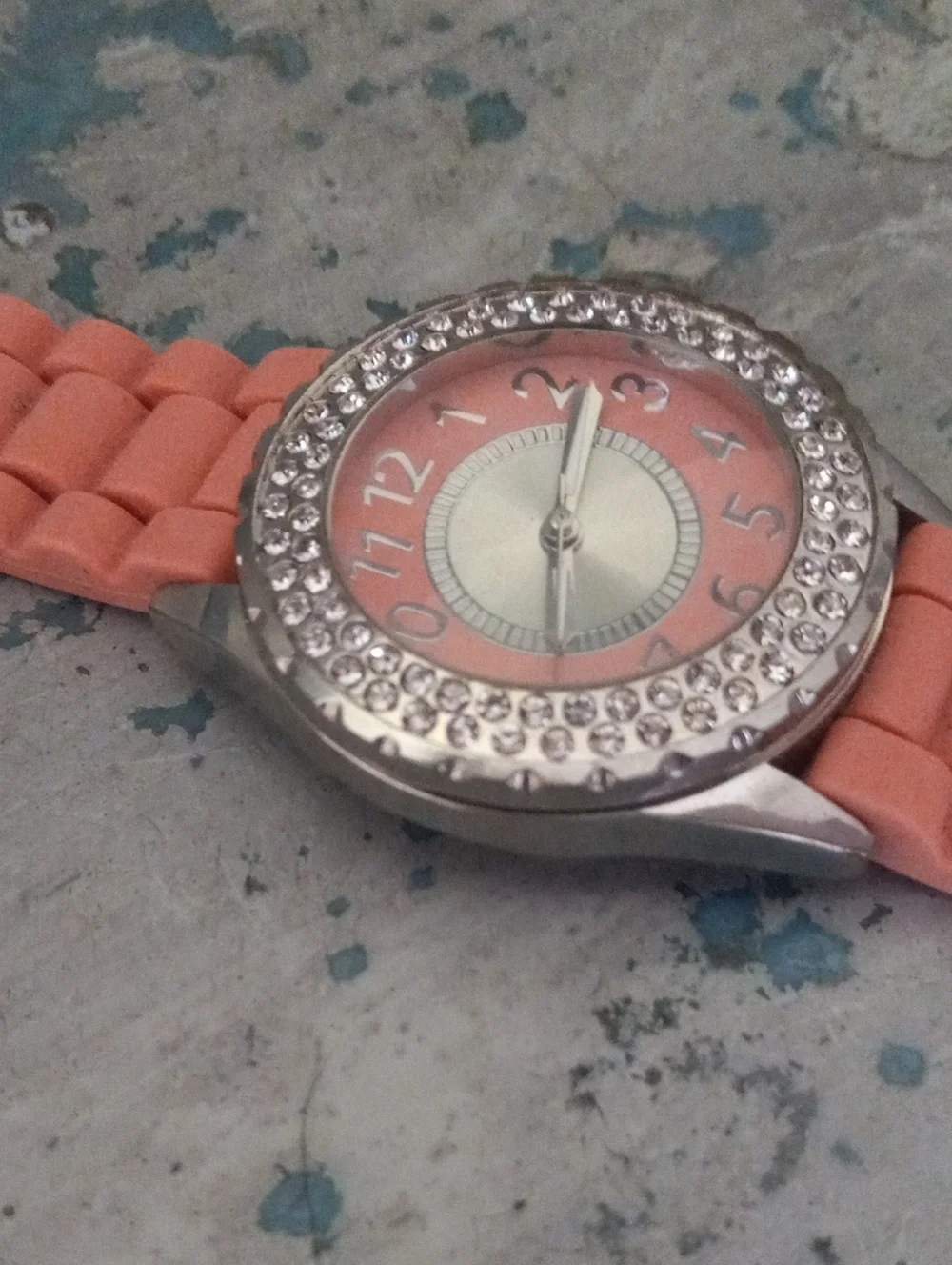 Silver Tone Crystal-Bezel Coral Color Silicone Strap Watch